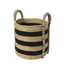 a black and white striped basket with handles