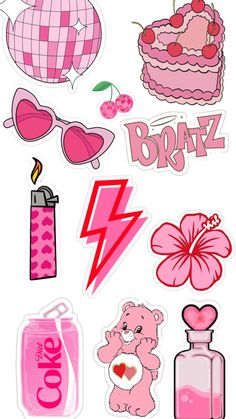 pink stickers with various items on them