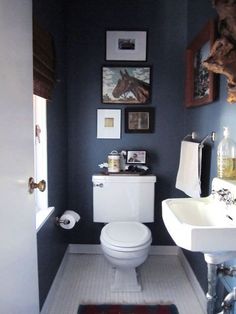 an image of a bathroom with blue walls and pictures on the wall above the toilet