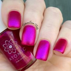 Nobelium (No) is a bright pink color shifting jelly nail polish. This nail polish has a magenta base and is filled with magenta to purple duochrome pigment.It is opaque in 2-3 coats depending on application. Use a good base and top coat to get more durability and longevity from your manicure!Because this is a color shift polish, not all colors show directly. Depending on the angle and intensity of the direct light, different colors will show! Pictured bottle is with full direct light, so shows m Nail Polish Purple, Pink Wedding Nails, Jelly Nail Polish, Nail Paint Shades, Neon Green Nails, Jelly Nail, Art Deco Nails, Nail Shimmer, Dip Nails