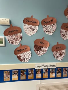 a bulletin board is decorated with fall leaves and acorns for the students to write