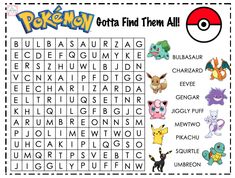 the pokemon word search is shown in this printable puzzle game, which includes several different characters