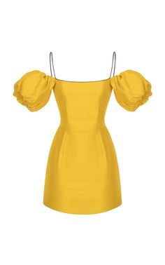 Cute Yellow Dresses, Gaun Fashion, Afrikaanse Mode, Puff Sleeve Mini Dress, Yellow Outfit, Solid Color Dress, Silk Gown, Sleeve Pattern