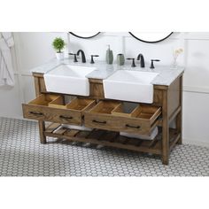 two white sinks sitting on top of a wooden stand