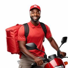 a man in a red shirt and cap on a motor scooter with a bag