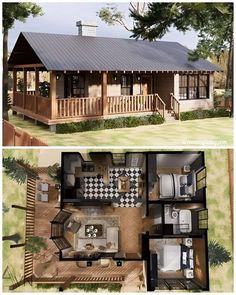 two pictures show the inside and outside of a small cabin with an open floor plan