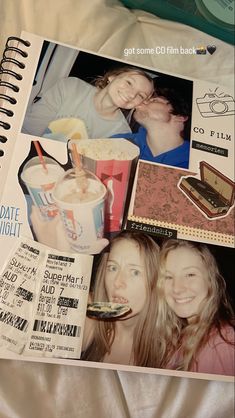 an open photobook with pictures of two women and some food on the cover is laying on a bed