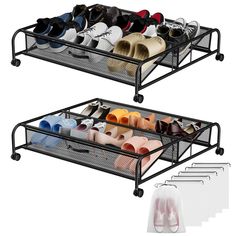 two racks holding pairs of shoes and bags