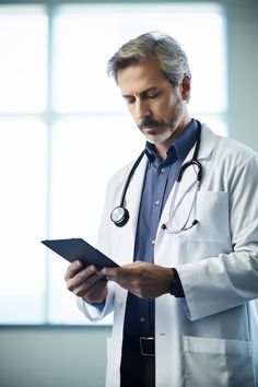 a male doctor in a white coat and stethoscope is looking at something