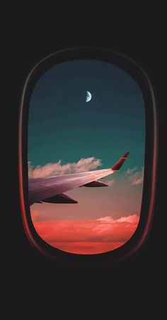 the view from an airplane window at sunset with moon and clouds in the sky above