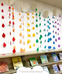 there are many books on the shelves with rain drops hanging from it's sides