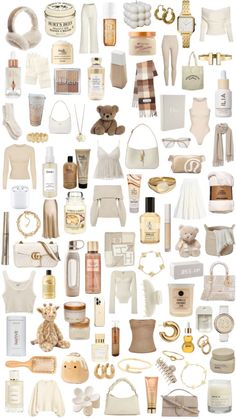 a collage of white and gold items including perfumes, rings, bracelets