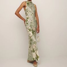 New, Never Worn Reformation Sage/ Tarragon Anaiis Silk Dress, Size 6. Was For A Wedding But There Was A Change In Bridesmaids Dresses And I Was Past The Return Date For Reformation Link To Dress: Https://Www.Thereformation.Com/Products/Anaiis-Silk-Dress/1314547tav.Html?Dwvar_1314547tav_color=Tav Silk Evening Dress With Floral Print And Fitted Bodice, Silk Floral Print Dress For Wedding Guest, Elegant Silk Evening Dress For Garden Party, Silk Evening Dress With Floral Print, Elegant Sheath Maxi Dress With Floral Print, Fitted Silk Evening Dress With Floral Print, Fitted Silk Gown For Banquet, Elegant Floral Print Dress With Fitted Bodice, Fitted Satin Dress With Floral Print