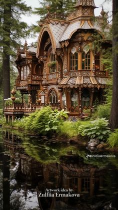 an image of a house in the woods with water and plants around it, surrounded by trees