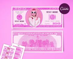 a pink dollar bill with an image of a woman in sunglasses on it and the words text here