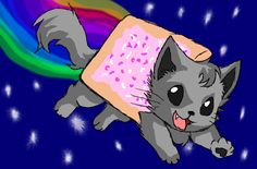 a drawing of a cat with a rainbow in the background and stars on it's back