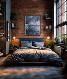 an industrial bedroom with brick walls and flooring is pictured in this image, the bed has been made up