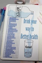 a notebook with a water bottle on it next to some pens and pencils,