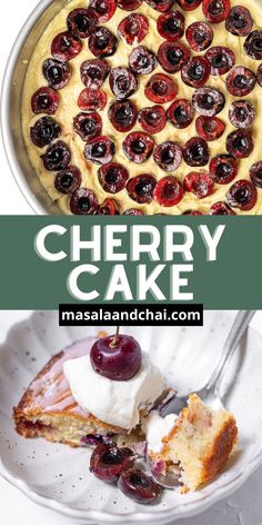 cherry cake with whipped cream and cherries on top in a metal pan next to a fork