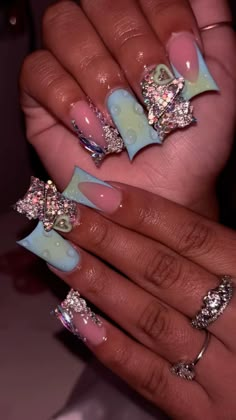 Silver Bling Nails, Nail Inspo Blue, Sweet 16 Nails, Acrylic Nail Set, Punk Nails