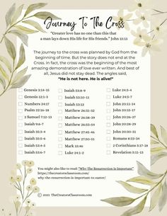 a checklist with the words journey to the cross written in white and green leaves