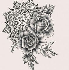 two roses and leaves on a white background with an intricate design in the middle,