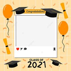 congratulations class of 2021 with balloons and graduation caps on the tile wall, background, illustration png and psd