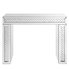 an ornate white fireplace mantel with decorative designs on the top and bottom, in front of a white background