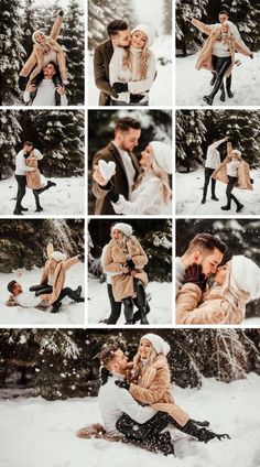 a collage of people in the snow with one woman holding another man's head