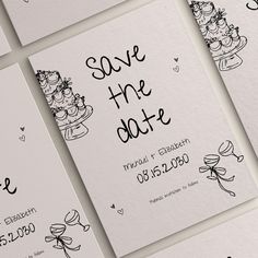 wedding save the date cards with hand drawn cake and cupcakes on white paper