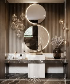 an elegant bathroom with marble counter tops and round mirrors above the sink, surrounded by hanging lights