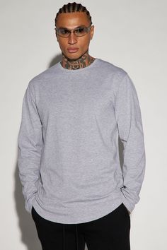 Model Height: 6'2 - Wearing Large Big & Tall: Height 6'3 - Wearing XXXL Available In Black, Burgundy, Grey, Navy, Olive And White Crew Neck Long Sleeve 90% Cotton 10% Viscose Imported | Mens Essential Long Sleeve Scallop Tee Shirt in Grey size Medium by Fashion Nova Long Sleeve Cotton T-shirt For Loungewear, Long Sleeve Relaxed Fit T-shirt For Loungewear, Cotton Long Sleeve T-shirt For Loungewear, Basic Long Sleeve T-shirt For Loungewear, Plain Long Sleeve Tops For Streetwear, Plain Cotton Tops For Loungewear, Stretch Cotton Long Sleeve Shirt, Relaxed Fit Long Sleeve Tops For Streetwear, Basic Gray Long Sleeve Top