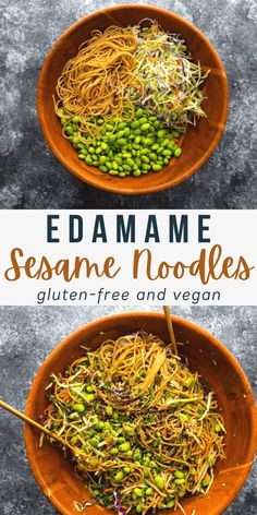 two bowls filled with sesame noodles and peas on top of a gray surface, one bowl has