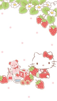 a hello kitty wallpaper with strawberries and strawberrys