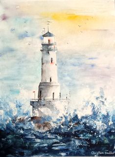 a watercolor painting of a lighthouse in the ocean