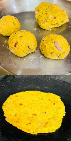 some food is being cooked in a frying pan and then put on the grill