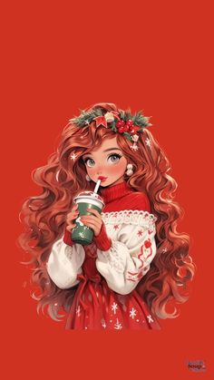 a painting of a girl with red hair drinking from a cup and holding a drink in her hand