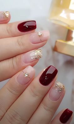 Maroon Nails, January Nails, Valentine Nails, Fancy Nails Designs, Beauty Nails Design, Gold Nail, Her Nails, Elegant Nails