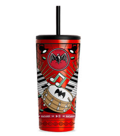 a red and black cup with an image of a drum on the side, in front of a white background