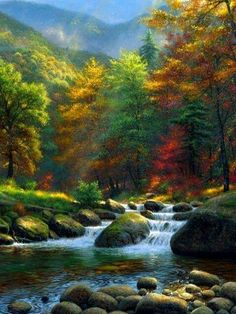 a painting of a stream running through a forest filled with rocks and trees in the fall