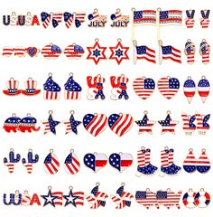 an assortment of american flags and symbols are hanging from hooks on a white background with the word usa written in red, white, and blue