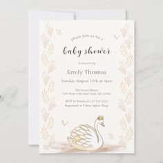 a baby shower card with a swan on it