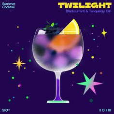 an advertisement for a cocktail bar featuring a purple background with stars and the words twilight on it