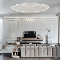 an elegant living room with white walls and wood flooring is furnished with modern furniture