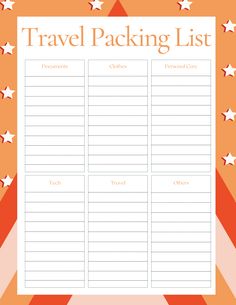 a travel packing list with stars on the top and bottom, in front of an orange background