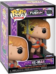 a pop vinyl figure in a box with an image of he - man on it