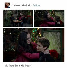 two people hugging each other in front of christmas trees and lights, with the caption'my little smarkle heart '