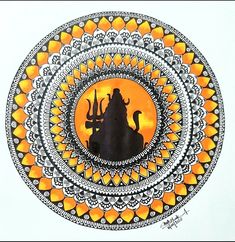 a drawing of an elephant in the middle of a circle with orange and black designs on it