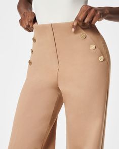 Workwear, perfected. Crafted from smoothing premium ponte fabric, this machine-washable wide-leg pant features a comfortable pull-on design and decorative gold buttons. Plus, it’s designed to shape your core, lift your butt and help you look your absolute best. Designed to hit at your natural waist Relaxed fit with leg lengthening wide leg Inseams: Petite 30” (recommended for 5’4” and under), Regular 32.5", Tall 35" (recommended for 5’9” and above) Full length (perfect to wear with a 3-4" heel) Affordable Fitted Pants With Tapered Leg, Cheap Fitted Work Pants For Office, Cheap Stretch Pants For Business Casual, Cheap Slim Fit Bottoms For Business Casual, High Rise Pants For Hourglass Figure, Cheap Dress Pants For Work With Pockets, Cheap Business Casual Tapered Leg Bottoms, Luxury Fitted Tapered Leg Work Pants, Luxury Full-length Pants With Button Closure