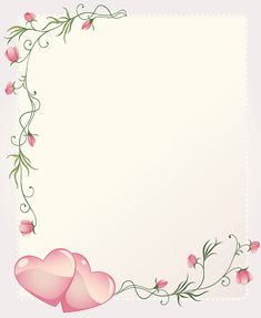 two pink hearts with vines and flowers on a white card or banner template for valentine's day